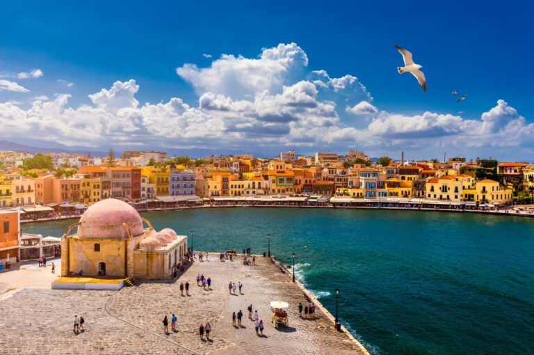 OLD VENETIAN PORT CHANIA , AERIAL VIEW WITH BLUE SKY
